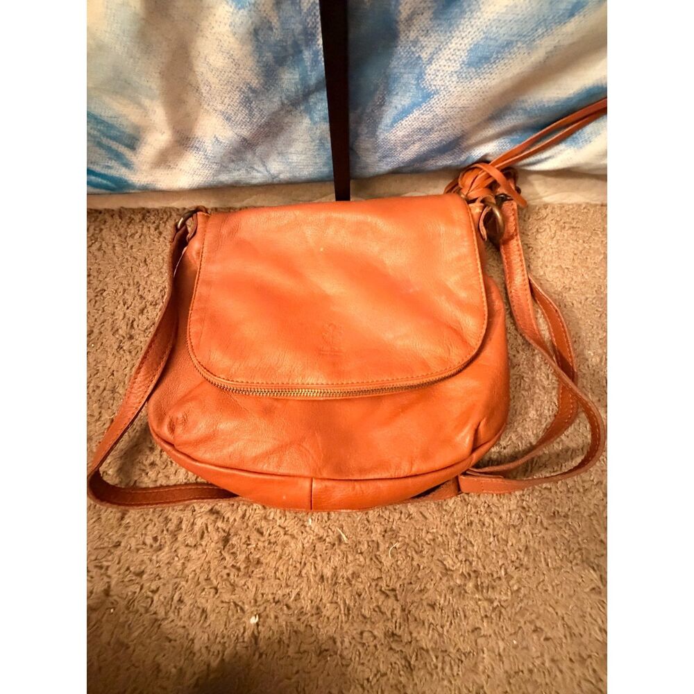 Vera Pelle Made in Italy Cognac Leather Crossbody Bag Front Zip Vintage
